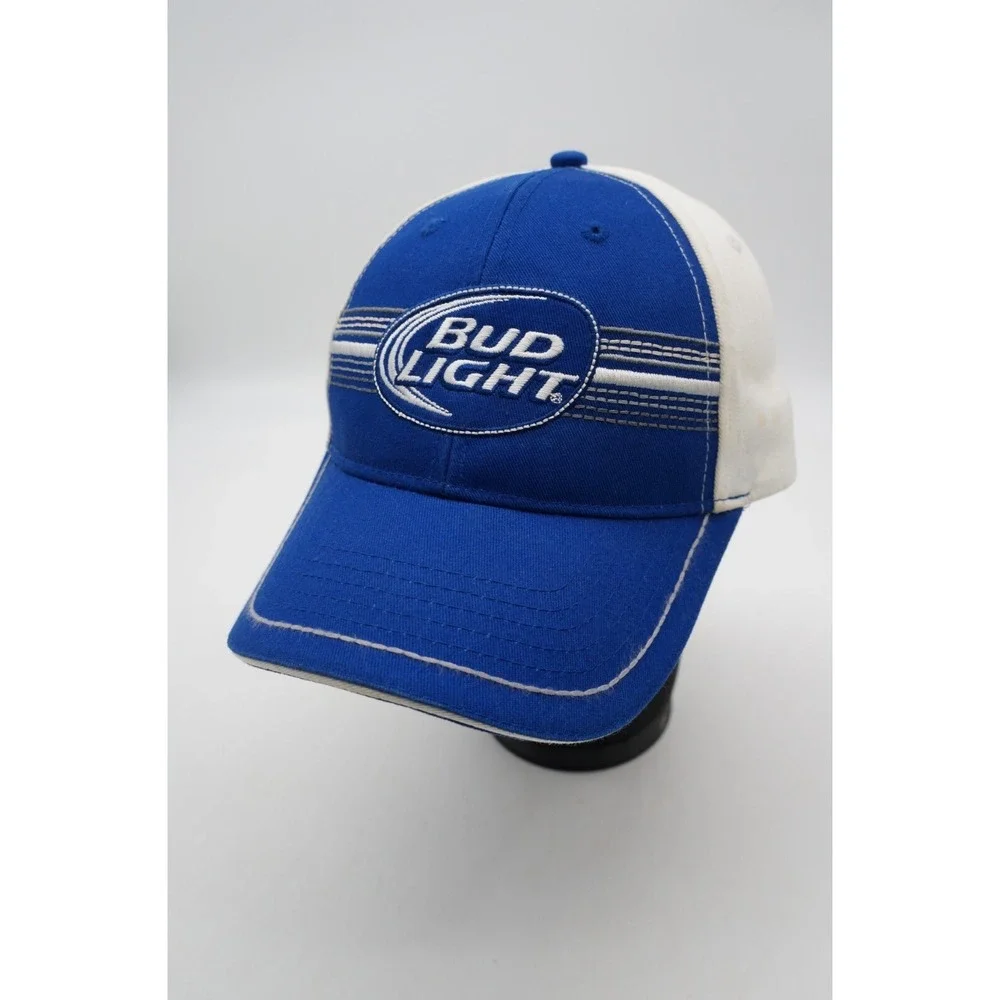 Bud Light Strapback Hat Baseball Cap Blue White‎ Patch Adjustable OSFA